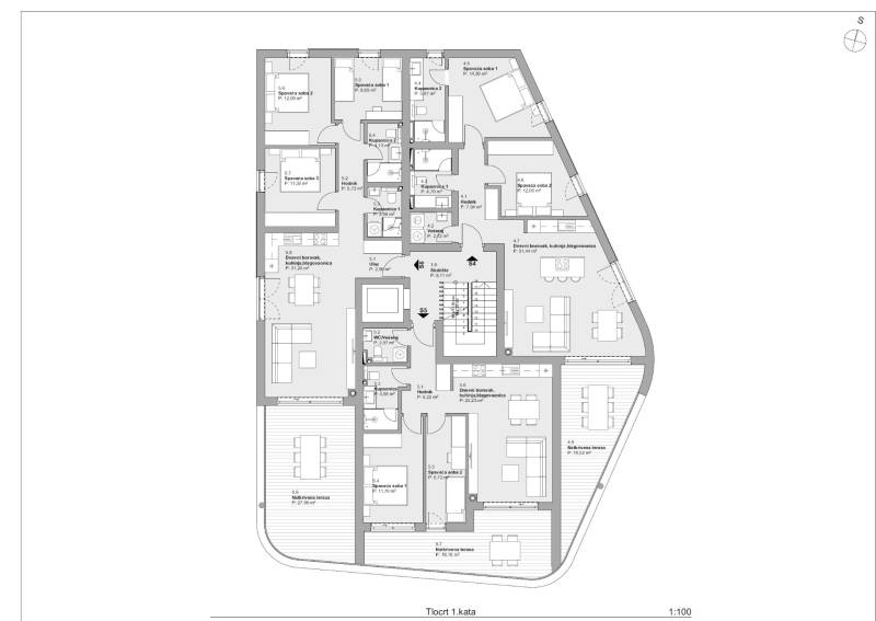 3 szobás lakások alaprajza teraszokkal és helyiségekkel egy modern apartman komplexumban.