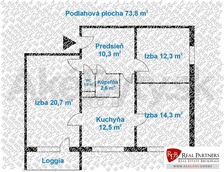 3 szobás lakás alaprajza loggiával, előszobával, konyhával, fürdőszobával és WC-vel.