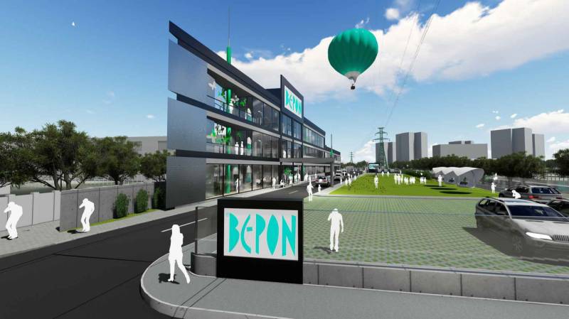 Kereskedelmi komplexum látványterve zöldterülettel és hőlégballonnal Pozsonyban - Petržalka, Panónska út.