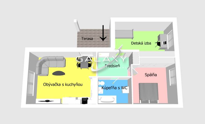 Családi ház alaprajza nappalival, konyhával, hálószobával, gyerekszobával és fürdőszobával.