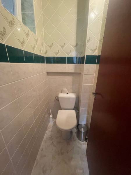 WC a családi házban, kerámia burkolatokkal és zöld hangsúlyokkal a falakon.