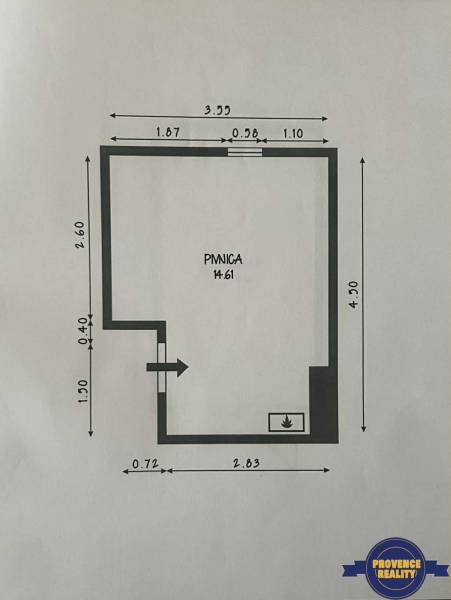Pincehelyiség alaprajza egy 3 szobás lakásban, fontos méretek és elrendezés.