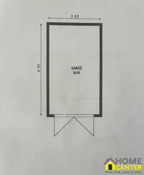 Garázs alaprajza 3,20 x 4,95 méteres méretekkel, teljes terület 16 m².