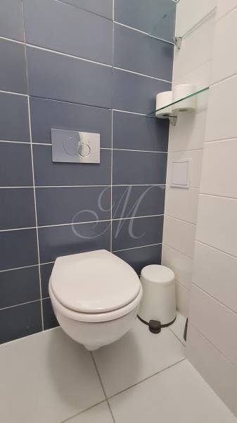 Kék-fehér csempékkel burkolt WC, üvegpolccal és WC-papírral.