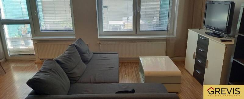 Nappali egy kétszobás lakásban sötétszürke kanapéval és televízióval.