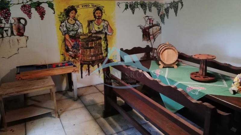 Borospince illusztrációja fa bútorokkal, asztal, pad, hordó egy családi házban.