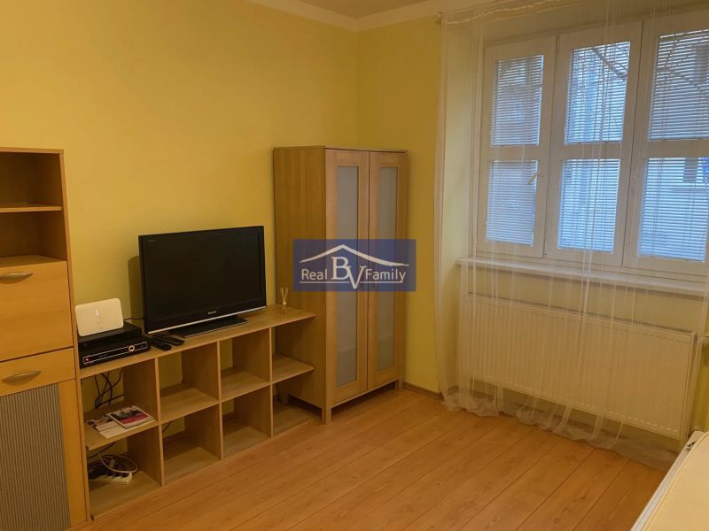 Az egyszobás lakás belső tere fa dekorációjú padlóval, szekrényekkel és televízióval.