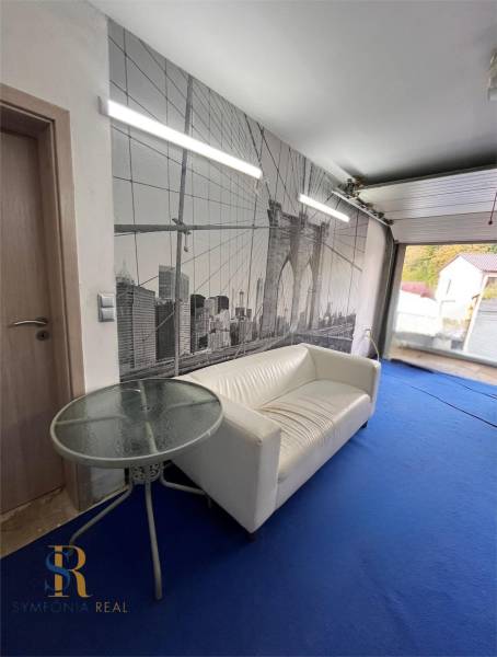 Szoba egy családi házban fehér kanapéval, híd tapétával és kék szőnyeggel.