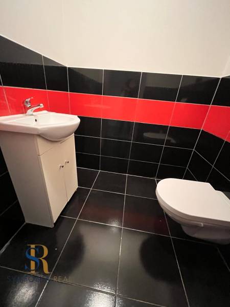 Fürdőszoba egy családi házban szaniterekkel, fekete-piros csempékkel és mosdóval.