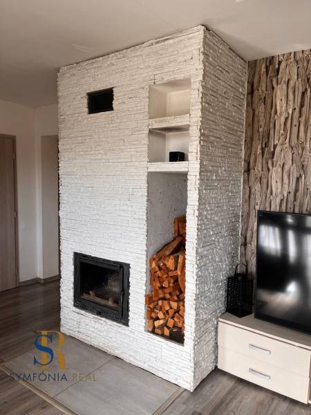 Családi ház belső tere kandallóval, TV-vel és fával, fa dekorációjú padlóval.