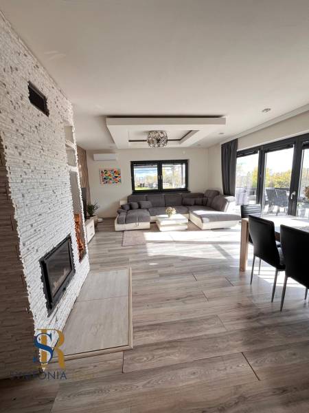 Családi ház belső tere kanapéval, kandallóval és fa dekorációjú padlóval.