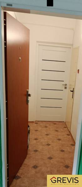 Egyszobás lakás előszobája járólappal és két ajtóval.