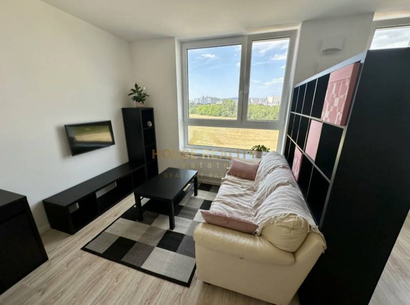 Nappali egy kétszobás lakásban kanapéval, televízióval és fa dekorációjú padlóval.