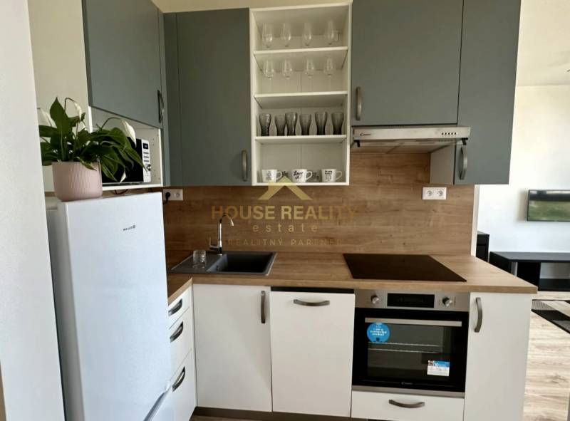 Konyha egy kétszobás lakásban fehér hűtőszekrénnyel és fa dekorációval.