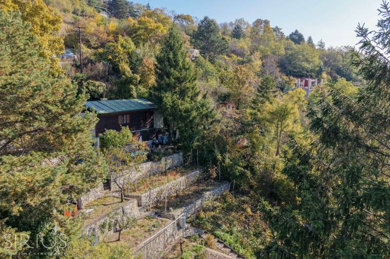 Egy házikó fákkal körülvéve a kertekben a Spätna úton Pozsony - Dévényben.