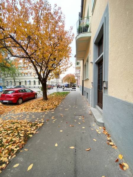 Őszi utca Drevny trh Kassán, Óváros, fákkal szegélyezve lehullott levelekkel.