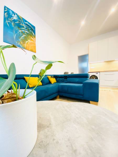 Nappali egy kétszobás lakásban kanapéval és absztrakt festménnyel a falon.