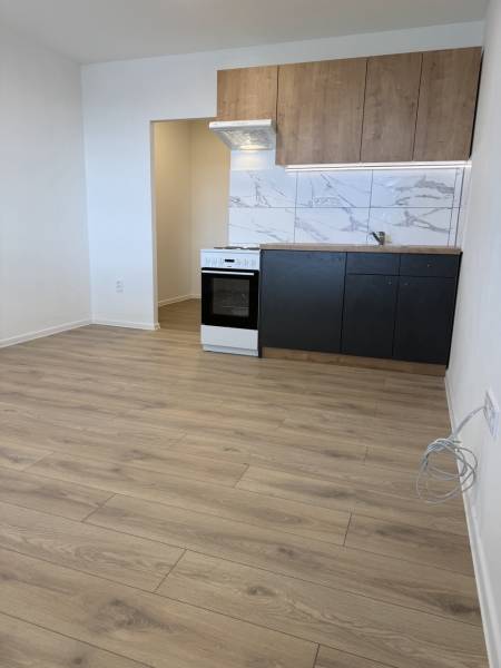 Garzonlakás konyhasarokkal, tűzhellyel és fa mintázatú padlóval.