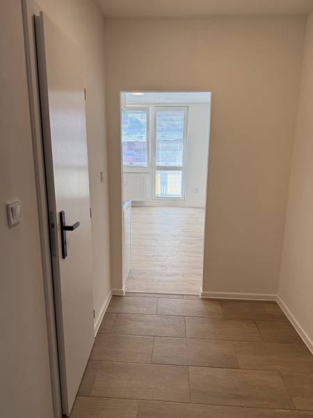 Garzonlakás fa hatású padlóval és nagy ablakokkal világos belső teret biztosít.