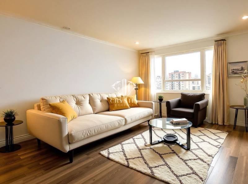 Világos nappali kanapéval egy háromszobás lakásban, fa dekoros padlóval, nagy ablakkal.