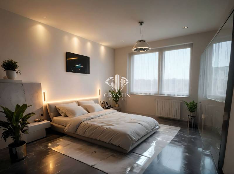 Hálószoba fa dekor padlóval, nagy ágy, növények és süllyesztett világítás.