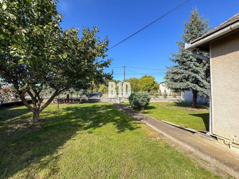 Kert egy családi háznál Ondrejovce-ben, gyep, fák és bokrok.