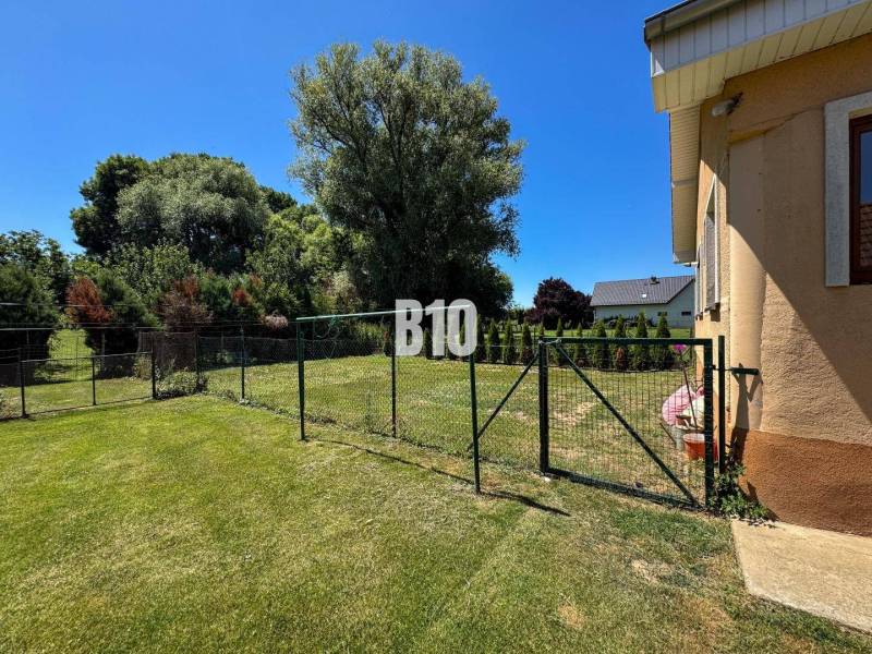 A családi ház kertje Újszádon, bekerített füves terület, fák és bokrok.