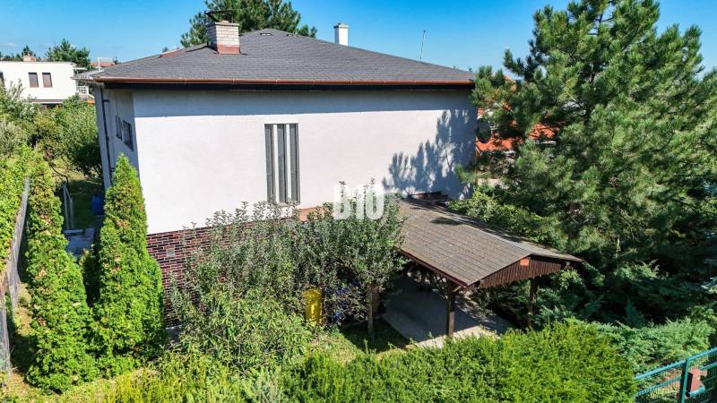 A Kamenna utcai családi házat Nitrán díszfák és zöld növényzet veszi körül.