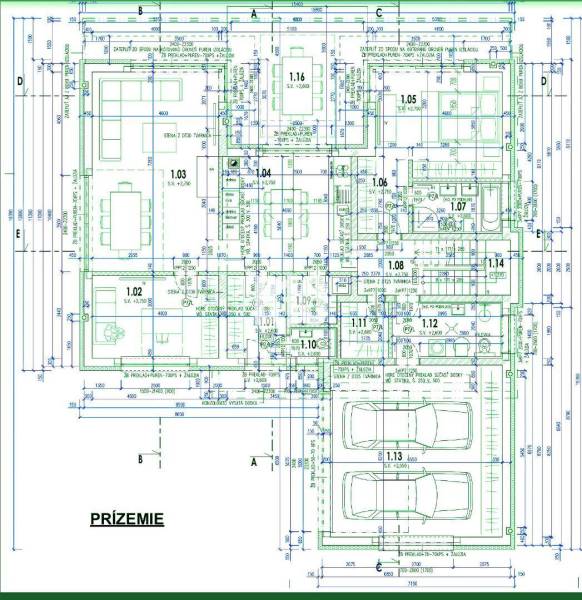 A családi ház földszinti alaprajza, amely tartalmazza a garázst, a nappalit és a konyhát.