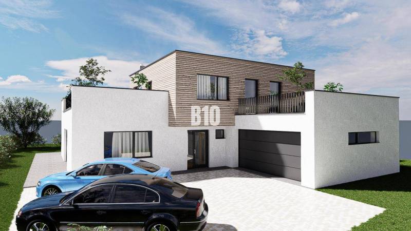 Egy földszintes családi ház, garázzsal és két autóval, zöldövezetben.