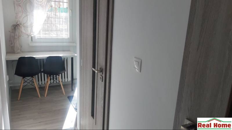 Az egyszobás lakás belső tere fa dekorációjú ajtókkal és padlóval.