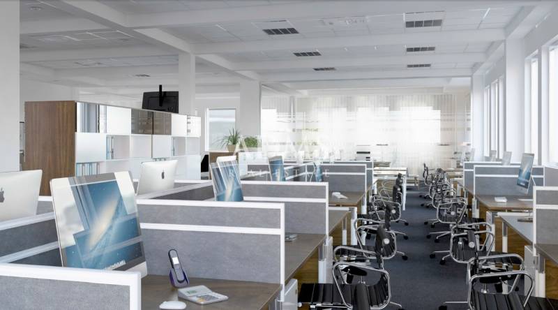 Irodák számítógépekkel és székekkel, fa dekorációjú padló és munkaterület.