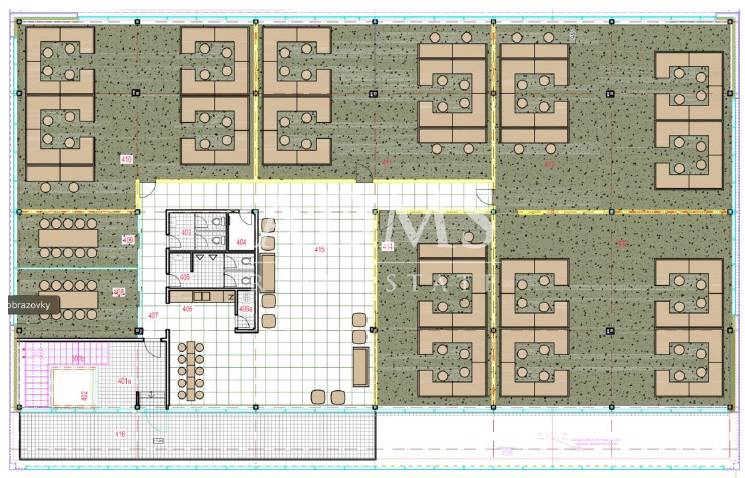 Irodák alaprajza munkahelyek elrendezésével és pihenőzónával.