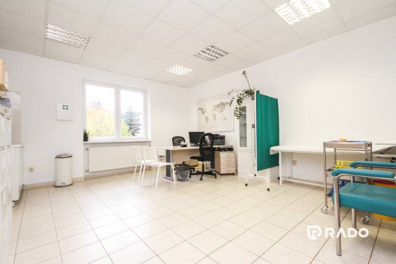 Világos iroda íróasztallal, székekkel, növénnyel és térképpel a falon.