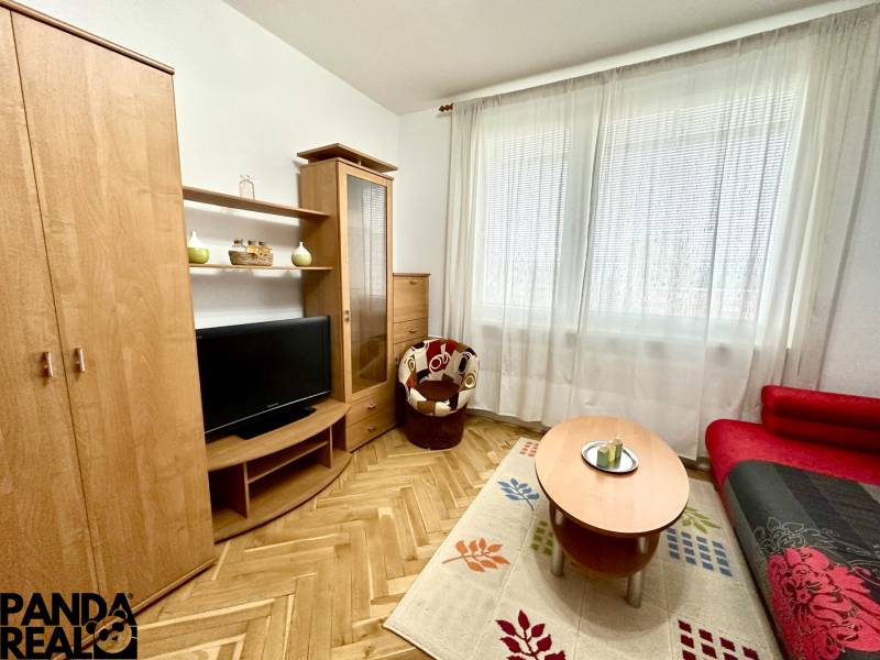 Garzonlakás televízióval, piros kanapéval és fa dekorációjú padlóval.