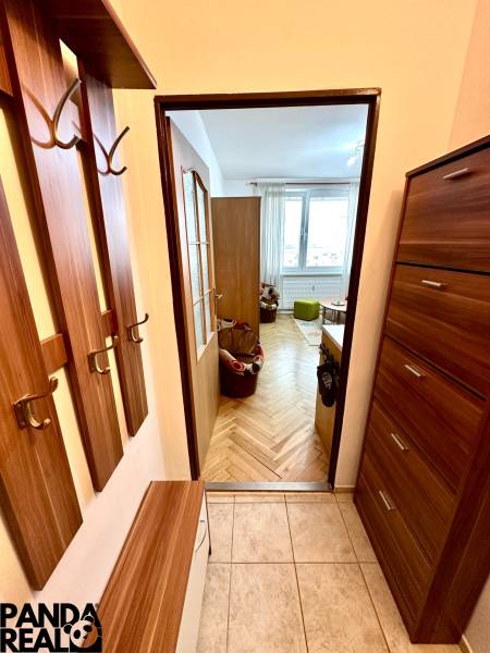 Garzonlakás előszobával és fa dekorációjú padlóval, kilátás a fő helyiségbe.