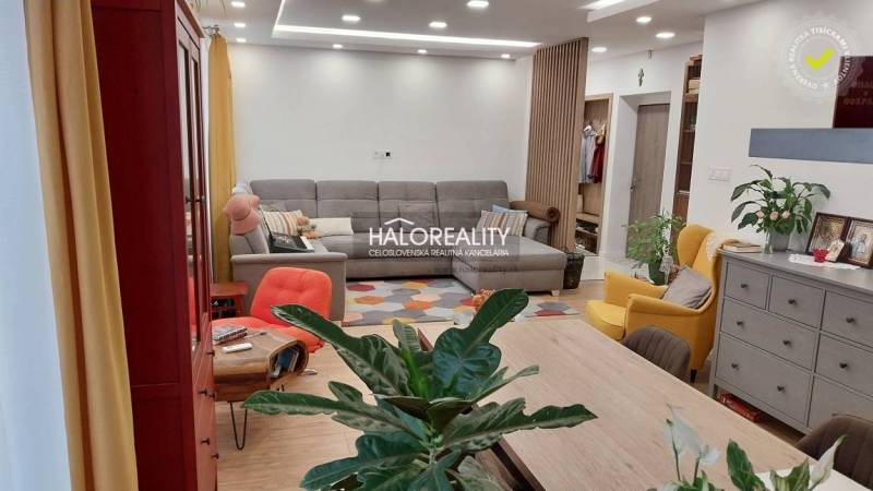 Nappali egy háromszobás lakásban ülőgarnitúrával, virágokkal és fa dekor padlóval.