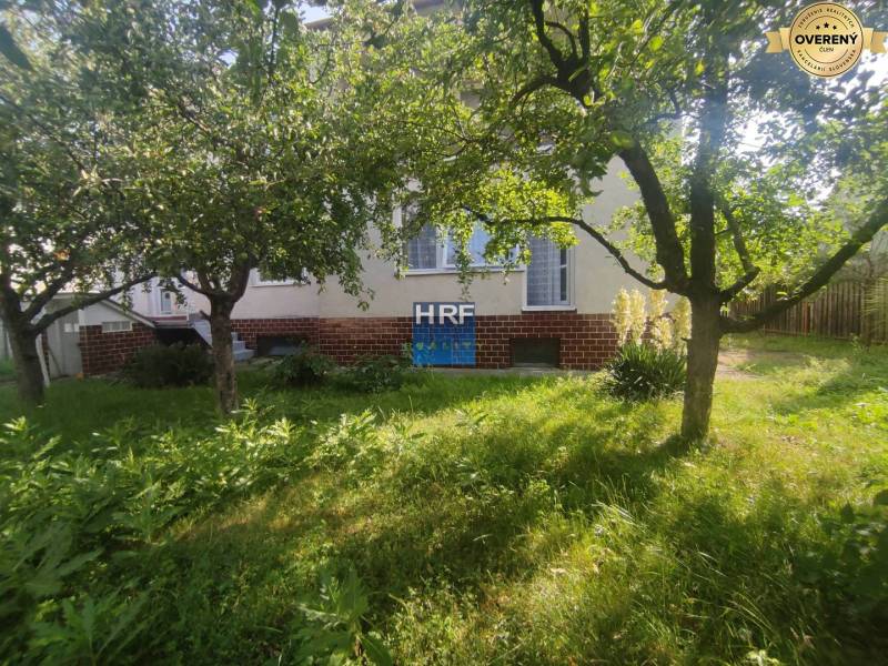 Kert a családi ház mellett a Vieska utcában, Radošovce. Zöld fű és fák.