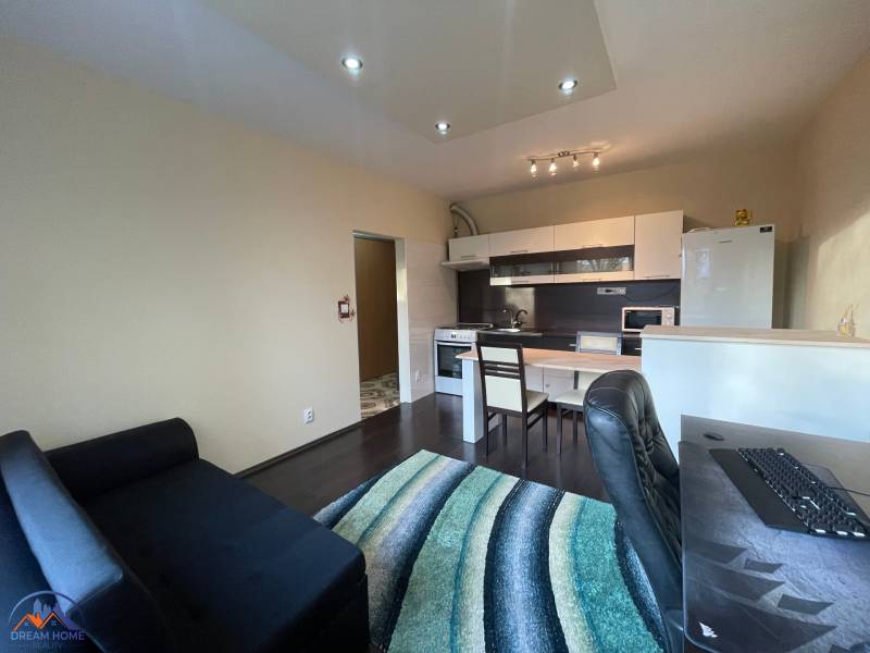 1 szobás lakás belső tere konyhasarokkal és fa dekorációjú padlóval.