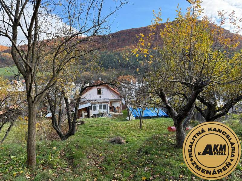 Családi ház Ókörmöcbányán gyümölcsfákkal a lejtős telken.