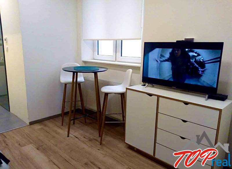 1 szobás lakás belső tere televízióval, bárasztallal és fa dekorációjú padlóval.