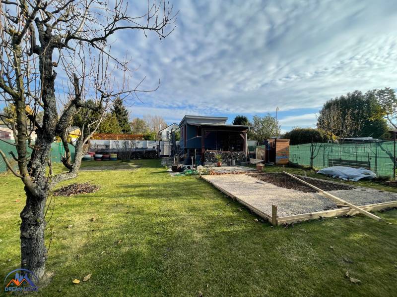 Kert a háznál az Új telepen Komáromban, fával és gyepfelülettel.