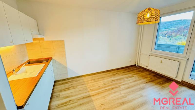 Konyha egy egyszobás lakásban fa dekor padlóval és kilátással az ablakból.