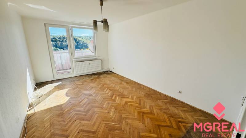 1 szobás lakás nagy ablakkal és fa dekorációjú padlóval.