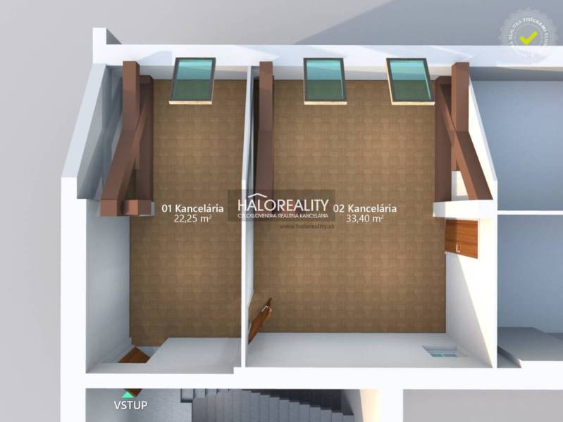 Irodák alaprajza fa dekor padlóval, méretei 22,25 m² és 33,40 m².