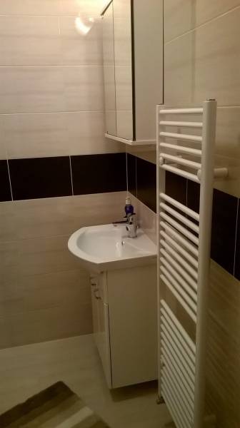 Garzonlakás fürdőszobája mosdóval, tükrös szekrénnyel és létrás radiátorral.