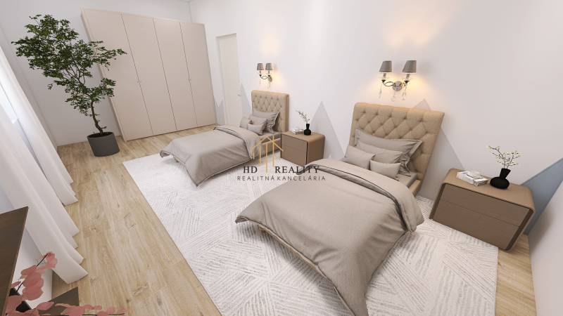 Kétszemélyes hálószoba családi házban, fa mintázatú padlóval és gardróbszekrénnyel.