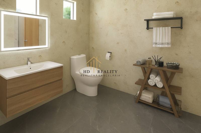 Fürdőszoba mosdóval, tükörrel és WC-vel egy családi házban. Fa dekoros padló.