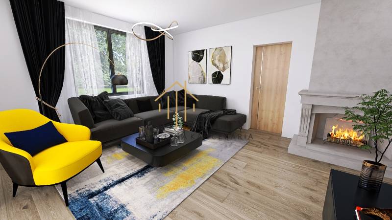 Modern nappali családi házban kandallóval, kanapéval és fa dekorációjú padlóval.