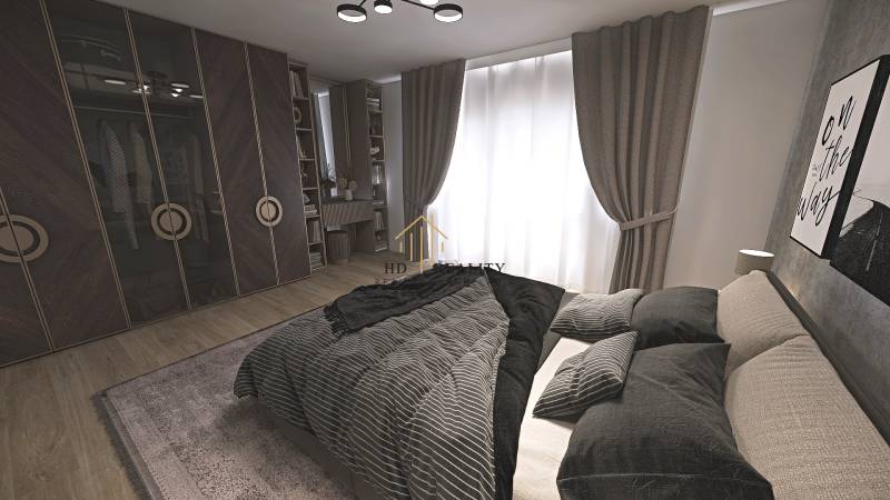 Hálószoba családi házban sötét bútorokkal, fa dekoros padlóval és függönyökkel.